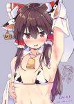  2girls :d =_= animal_ears animal_print arm_up armpits artist_name bangs bare_shoulders bell bikini black_hair blush bow breasts commentary_request cow_bell cow_ears cow_horns cow_print detached_collar detached_sleeves eyebrows_visible_through_hair fake_animal_ears fake_horns frilled_bow frilled_shirt_collar frills hair_between_eyes hair_bow hair_tubes hakurei_reimu hat hat_ribbon horns long_hair long_sleeves looking_at_viewer mob_cap multiple_girls navel nose_blush open_mouth purple_background purple_eyes puuakachan red_bow ribbon sidelocks simple_background small_breasts smile stomach swimsuit thumbs_up touhou twitter_username upper_body white_bikini wide_sleeves yakumo_yukari 