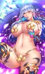  1girl antiqq armlet bangs bare_shoulders breast_hold breasts commentary_request earrings eyebrows_visible_through_hair fate/grand_order fate_(series) finger_to_mouth gold hair_ribbon highres huge_breasts jewelry kama_(fate/grand_order) looking_at_viewer lying navel on_back purple_ribbon red_eyes revealing_clothes ribbon silver_hair solo 