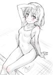  1girl arm_support arm_up breasts closed_mouth covered_navel eyebrows_visible_through_hair flower greyscale hair_flower hair_ornament medium_hair misaka_mikoto monochrome one-piece_swimsuit puma_(hyuma1219) sitting small_breasts smile soaking_feet solo spot_color swimsuit to_aru_kagaku_no_railgun to_aru_majutsu_no_index 