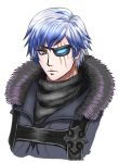  1boy blue_hair coat eyepatch fur_coat groh highres jacket male_focus multicolored_hair scar short_hair silver_hair simple_background solo soul_calibur soulcalibur_vi 