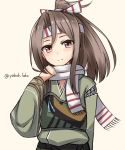  1girl brown_eyes brown_hair camouflage hachimaki hair_ribbon headband high_ponytail highres kantai_collection long_hair looking_at_viewer muneate rabochicken remodel_(kantai_collection) ribbon scarf simple_background smile solo twitter_username upper_body white_background white_scarf zuihou_(kantai_collection) 