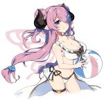  alternate_costume alternate_hairstyle ball beachball bikini blue_eyes breasts bug butterfly conch draph frilled_bikini frills front-tie_bikini front-tie_top granblue_fantasy hair_over_one_eye insect large_breasts long_hair low-tied_long_hair narmaya_(granblue_fantasy) pointy_ears purple_eyes ribbon sharlorc showgirl_skirt side-tie_bikini smile swimsuit twintails white_background 