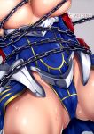  1girl armor artoria_pendragon_(all) artoria_pendragon_(lancer) blue_leotard breasts chains close-up cyclone fate/grand_order fate_(series) highres large_breasts leotard out_of_frame restrained shiny shiny_skin solo spread_legs sweat 