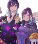  +_+ 2girls black_hair blush bodysuit breasts brown_eyes can chicken_(food) chips covered_navel crossover d.va_(overwatch) eating food food_on_face grin hand_to_own_mouth lino_chang medium_breasts multiple_girls overwatch peni_parker plaid plaid_skirt ponytail potato_chips purple_hair school_uniform short_hair skirt smile soda_can spider-man_(series) 