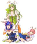  3girls animal_ears blue_eyes blue_hair blush bow bowtie breasts bunny_ears bunny_girl bunny_tail bunnysuit detached_collar dress elbow_gloves est fake_animal_ears fingerless_gloves fire_emblem fire_emblem:_monshou_no_nazo fire_emblem_heroes fishnet_pantyhose fishnets gloves green_eyes green_hair headband highres jaegan jewelry katua leotard long_hair multiple_girls nintendo open_mouth pantyhose paola pegasus_knight pink_hair red_eyes short_hair siblings simple_background sisters smile strapless tail thighhighs white_background wrestling wrist_cuffs 