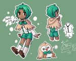  5_fingers aquacua avian bird blush brown_shoes clothed clothing female green_background green_hair hair human legwear looking_at_viewer mammal nintendo open_mouth orange_eyes overalls owl pok&eacute;mon pok&eacute;mon_(species) rowlet shorts simple_background sitting socks standing video_games 