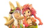  1girl 1other :d ^_^ animal_ears bangs blush blush_stickers claws closed_eyes ears_through_headwear eyes_closed fang furry goggles goggles_on_head hat highres long_hair looking_at_another made_in_abyss midriff mitty_(made_in_abyss)_(furry) nanachi_(made_in_abyss) navel open_mouth paws pumichi red_eyes red_hair simple_background smile tail upper_teeth whiskers white_background white_hair 