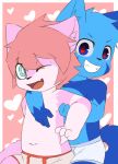  &lt;3 absurd_res blue_eyes blue_fur briefs clothed clothing cub cute_fangs cynxie_(artist) domestic_cat duo embrace felid feline felis fur grin hand_on_chest haziq(hazumazu) hi_res hug looking_at_viewer male mammal navel naz_namaki_(cynxie) one_eye_closed open_mouth pink_fur simple_background sitting smile topless underwear young 
