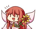  1girl :d ascot bangs chibi commentary dress english_commentary fairy fairy_wings flower hair_between_eyes holding holding_flower long_hair long_sleeves open_mouth pink_dress red_hair sidelocks simple_background smile solo sunflower touhou upper_body white_background wide_sleeves wings wool_(miwol) yellow_neckwear |_| 