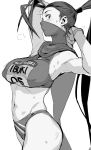  1girl antenna_hair armpits arms_behind_head bandanna black_hair blush breasts character_name clothes_writing erect_nipples from_side greyscale hair_pulled_back high_ponytail highres ibuki_(street_fighter) long_hair looking_at_viewer looking_to_the_side medium_breasts messatsu_tan monochrome navel ninja number ponytail scarf simple_background solo sports_bra sportswear street_fighter sweatdrop toned white_background 