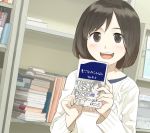  1girl :d bangs blue_shirt bob_cut book bookshelf brown_eyes brown_hair cable_knit commentary dutch_angle holding holding_book light_blush morifumi open_mouth original parted_bangs shirt smile solo sweater upper_body white_sweater 