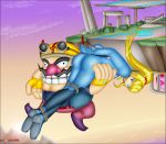  1boy 1girl 2goodsharks absurdres big_nose blonde_hair blue_eyes bound carrying_over_shoulder facial_hair fat fat_man gag gagged goggles goggles_on_headwear high_ponytail highres improvised_gag kidnapping long_hair metroid mustache nintendo samus_aran super_smash_bros tape tape_gag tied_up wario warioware yellow_headwear zero_suit 