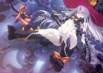  1girl abigail_williams_(fate/grand_order) absurdres aya_shobon bangs black_bow black_gloves black_panties bow fate/grand_order fate_(series) feet flat_chest floating_hair gloves grey_hair hat hat_bow highres holding_key huge_filesize keyhole long_hair looking_at_viewer navel orange_bow oversized_object pale_skin panties parted_bangs pink_eyes print_bow revealing_clothes smile solo third_eye underwear very_long_hair witch_hat 