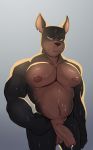  anthro balls canid canine canis doberman domestic_dog flaccid hi_res humanoid_penis jerseydevil looking_at_viewer male mammal muscular muscular_male nude pecs penis precum solo standing sweat uncut vein 