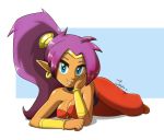  1girl absurdres ass blue_eyes breasts dark_skin forehead_jewel highres long_hair lying medium_breasts on_stomach pointy_ears ponytail purple_hair shantae_(character) shantae_(series) smile solo 