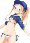  1girl :o abigail_williams_(fate/grand_order) absurdres aikawa_ryou artoria_pendragon_(all) bangs baseball_cap bikini black_bow blonde_hair blue_eyes blush bow commentary_request cosplay dot_nose eyebrows_visible_through_hair fate/grand_order fate_(series) flat_chest hair_bow hair_ornament hat highres jacket long_hair looking_at_viewer mysterious_heroine_xx_(foreigner) mysterious_heroine_xx_(foreigner)_(cosplay) navel open_mouth orange_bow parted_bangs polka_dot polka_dot_bow side-tie_bikini simple_background solo swimsuit white_background white_bikini 