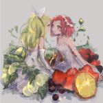  2girls 32_(rt_32_bbk) armlet assam blonde_hair blue_eyes blueberry breasts character_name cleavage closed_mouth dress elbow_gloves food formal fruit girls_und_panzer gloves grapes grey_background hair_pulled_back hair_ribbon head_wreath highres ivy leaf leaning_forward light_blush light_particles long_dress long_hair looking_at_another medium_breasts medium_hair minigirl multiple_girls open_mouth orange orange_slice ribbon rosehip sitting sketch smile spaghetti_strap strawberry sundress white_dress white_gloves white_ribbon 