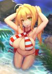  1girl ahoge arms_up bangs bare_shoulders bikini blonde_hair blush breasts cleavage closed_mouth collarbone fate/extra fate/grand_order fate_(series) green_eyes hair_between_eyes hair_intakes halter_top halterneck hands_on_own_head kneeling large_breasts long_hair looking_at_viewer mouth_hold navel nero_claudius_(fate)_(all) nero_claudius_(swimsuit_caster)_(fate) qblade red_bikini side-tie_bikini smile solo striped striped_bikini swimsuit thighs twintails 