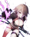  1girl absurdres asymmetrical_legwear bangs belt belt_buckle bikini black_belt black_bikini black_gloves black_jacket breasts brown_eyes buckle cleavage commentary_request eyebrows_visible_through_hair fate/grand_order fate_(series) ginopi gloves hair_bobbles hair_ornament highres jacket jeanne_d&#039;arc_(alter_swimsuit_berserker) jeanne_d&#039;arc_(fate)_(all) katana leg_belt light_brown_hair long_sleeves looking_at_viewer medium_breasts navel o-ring o-ring_bikini o-ring_bottom o-ring_top parted_lips red_legwear revision sheath sheathed shrug_(clothing) single_thighhigh smile solo swimsuit sword thighhighs weapon white_background 