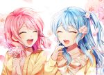  2girls aqua_hair bang_dream! bangs blush cherry_blossoms eyebrows_visible_through_hair eyes_closed flower hair_flower hair_ornament long_hair maruyama_aya matsubara_kanon minori_(faddy) multiple_girls open_mouth petals pink_hair side_ponytail smile white_background 