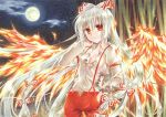  1girl bamboo bamboo_forest bow breasts cleavage collarbone collared_shirt dress_shirt fiery_wings floating_hair forest fujiwara_minaho fujiwara_no_mokou full_moon hair_between_eyes hair_bow hand_in_hair hand_in_pocket long_hair long_sleeves looking_at_viewer marker_(medium) medium_breasts moon nature night outdoors pants red_eyes red_pants shirt silver_hair smile solo suspenders torn_clothes torn_shirt touhou traditional_media very_long_hair white_bow white_shirt wing_collar 