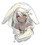  1girl animal_ears bikini breasts bunny_ears dark_skin embarrassed fingerless_gloves flat_chest gloves guilty_gear guilty_gear_xrd hood long_hair looking_at_viewer orange_eyes oro_(sumakaita) platinum_blonde_hair ramlethal_valentine simple_background solo swimsuit thigh_strap white_hair 