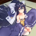  +_+ 1girl asymmetrical_legwear azur_lane bangs bare_shoulders black_hair blue_eyes blue_kimono blurry blurry_background blush bow closed_mouth collarbone commentary_request depth_of_field eyebrows_visible_through_hair flat_chest hair_between_eyes hair_bow high_ponytail highres indoors japanese_clothes kimono long_hair long_sleeves looking_at_viewer nipple_slip nipples pnt_(ddnu4555) revision single_thighhigh sitting sleeves_past_wrists solo strapless thighhighs very_long_hair wariza white_bow white_legwear wide_sleeves yoizuki_(azur_lane) 