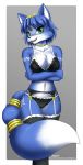  2019 anthro black_nose blue_hair border bra breasts canid canine cleavage clothed clothing crossed_arms digital_media_(artwork) dipstick_tail eyelashes female fox garter_belt garter_straps hair hairband hi_res jewelry john_joseco krystal legwear lingerie looking_at_viewer mammal markings multicolored_tail nintendo open_mouth panties short_hair signature simple_background solo star_fox tailband tribal_markings underwear url video_games white_border 