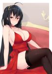  1girl ahoge arm_support azur_lane bangs bare_arms black_hair black_legwear blush breasts choker cleavage collarbone dress eyebrows_visible_through_hair garter_straps grin hair_ornament highres kuavera large_breasts legs_crossed long_hair looking_at_viewer parted_lips red_choker red_dress red_eyes sitting smile solo straight_hair strap_gap taihou_(azur_lane) thighhighs very_long_hair 