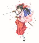  1girl black_hair blue_sash bow cherry_blossoms closed_mouth commentary eyebrows_visible_through_hair fingerless_gloves floral_print full_body gloves hair_between_eyes hair_bow hakama holding holding_sword holding_weapon japanese_clothes katana kimono long_hair long_sleeves looking_at_viewer obi petals pink_kimono ponytail pose red_bow red_hakama sakura_taisen sash scabbard sheath shinguuji_sakura sidelocks simple_background smile solo sword tabi v-shaped_eyebrows weapon weidashming white_background white_legwear wide_sleeves 