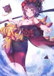  1girl :q bangs blunt_bangs breasts cleavage collarbone eyes fate/grand_order fate_(series) hair_ornament hairpin highres holding japanese_clothes katsushika_hokusai_(fate/grand_order) kimono leaning_forward medium_breasts nail_polish obi pixiv_fate/grand_order_contest_2 purple_eyes purple_hair sash shiny shiny_skin short_hair solo standing tapioka_(oekakitapioka) tokitarou_(fate/grand_order) tongue tongue_out white_nails 