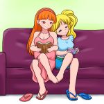  adult barefoot blonde_hair blossom_(ppg) blouse book bubbles_(ppg) dress eyes_open footsie hairband highres j8d older one_shoe_off pigtails powerpuff_girls reading red_hair safe sandals skirt smile 