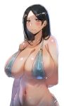  1girl arms_behind_back bijin_onna_joushi_takizawa-san bikini black_hair bow_(bhp) breasts brown_eyes cleavage commentary_request cowboy_shot embarrassed huge_breasts long_hair looking_at_viewer mature mole mole_under_mouth navel parted_hair simple_background solo sweat swimsuit takizawa_kyouko 