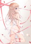  1girl ass back bare_arms bare_shoulders barefoot blonde_hair blush closed_mouth cuna_(qunya) dress hair_bun highres leg_up long_hair looking_at_viewer looking_back original panties petals profile purple_eyes red_ribbon ribbon see-through sidelocks sleeveless sleeveless_dress solo spaghetti_strap standing standing_on_one_leg strap_slip thighs underwear white_dress white_panties 