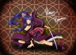  1girl animal_ears arm_support artist_request blue_hair boots bow breasts cat_ears cat_tail clenched_teeth collar commission hair_bow highres japanese_clothes katana kimono long_hair medium_breasts nail_polish noihara_himari omamori_himari ponytail purple_eyes purple_nails solo sword tail teeth very_long_hair weapon 