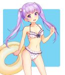  1girl bikini blue_background breasts collarbone contrapposto cowboy_shot frilled_bikini frills head_tilt innertube kometaki long_hair looking_at_viewer navel new_game! open_mouth polka_dot polka_dot_bikini purple_eyes purple_hair round_teeth small_breasts smile solo square suzukaze_aoba swimsuit teeth twintails two-tone_background upper_teeth white_background white_bikini 