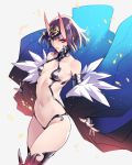  1girl ban bangs bare_shoulders blue_kimono blunt_bangs bob_cut breasts bridal_gauntlets collarbone eyebrows_visible_through_hair eyeliner fate/grand_order fate_(series) fur_trim headpiece highres hip_focus horns japanese_clothes kimono looking_at_viewer makeup navel oni oni_horns open_clothes open_kimono parted_lips purple_eyes purple_hair revealing_clothes short_eyebrows short_hair shuten_douji_(fate/grand_order) simple_background small_breasts solo thighs white_background wide_sleeves wind wind_lift 