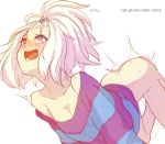  1girl ass blue_eyes boogerkim bottomless creatures_(company) eyebrows game_freak gym_leader highres homika_(pokemon) long_hair nintendo open_mouth pokemon pokemon_(game) pokemon_bw2 shirt simple_background solo sweat teeth tied_hair tongue white_background white_hair 