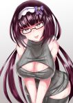  1girl :p black_hair black_legwear black_sweater breasts cleavage cleavage_cutout commentary_request dress fate/grand_order fate_(series) glasses hairband head_tilt highres large_breasts leaning_forward long_hair meme_attire open-chest_sweater osakabe-hime_(fate/grand_order) purple_eyes ribbed_sweater semi-rimless_eyewear sleeveless_sweater solo sumida_kichi sweat sweater sweater_dress thighhighs tongue tongue_out under-rim_eyewear very_long_hair 