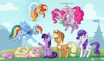  absurd_res applejack_(mlp) blonde_hair blue_eyes castle cloud cowboy_hat cutie_mark dsp2003 earth_pony equestria_girls equid equine feathered_wings feathers field flower fluttershy_(mlp) flying friendship_is_magic grass green_eyes group hair hat hi_res horn horse inner_ear_fluff looking_up lying mammal multicolored_hair my_little_pony on_back outside pink_hair pinkie_pie_(mlp) plant pony pterippus purple_eyes rainbow_dash_(mlp) rainbow_hair rarity_(mlp) spike_(mlp) sunset_shimmer_(eg) tongue tongue_out twilight_sparkle_(mlp) underhoof unicorn winged_unicorn wings 