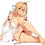  1girl ahoge bare_legs barefoot bikini blonde_hair blush braid breasts chin_rest cleavage crown_braid fate/grand_order fate_(series) front-tie_top green_eyes hair_intakes hair_ribbon highres large_breasts long_hair looking_at_viewer navel nero_claudius_(fate)_(all) nero_claudius_(swimsuit_caster)_(fate) parted_lips ribbon see-through side-tie_bikini sidelocks simple_background sitting smile solo strap_slip swimsuit tokiwa_midori_(kyokutou_funamushi) untied untied_bikini wet wet_hair white_background 