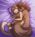  2019 anthro basitin bed breasts brown_fur canid canine canis casual_nudity chest_tuft cuddling duo eyes_closed female fluffy fluffy_tail fur hi_res hug keidran keith_keiser lying male mammal natani nude on_bed on_side pillow purple_background romantic_couple side_boob simple_background sleeping smile spooning tom_fischbach tuft twokinds webcomic wolf 