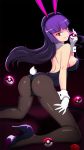 1girl bunny_girl creatures_(company) game_freak gym_leader high_heels highres natsume_(pokemon) nintendo pokemon pokemon_(game) pokemon_rgby purple_hair red_eyes shiny shiny_skin simple_background sitting solo stockings vivivoovoo 