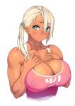  1girl 23_(real_xxiii) bangs bare_shoulders blue_eyes blush breasts cleavage commentary_request dark_skin dated erect_nipples eyebrows_visible_through_hair eyes_visible_through_hair hair_between_eyes hair_ornament hands_on_own_chest highres huge_breasts jewelry long_hair looking_at_viewer muscle muscular_female necklace original platinum_blonde_hair ring side_ponytail simple_background solo star star_hair_ornament sweatdrop upper_body wedding_band white_background 