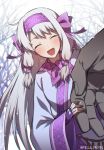  1girl :d berserker blush bow day eyebrows_visible_through_hair eyes_closed fate/grand_order fate_(series) fingerless_gloves floating_hair forest gloves hair_bow head_tilt holding_finger long_hair long_sleeves meiji_ken nature open_mouth outdoors purple_bow purple_gloves purple_headband silver_hair sitonai smile snowing twitter_username very_long_hair 