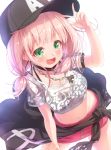  1girl :d arm_up bang_dream! bangs baseball_cap black_bra black_headwear black_jacket blush bra breasts chains cleavage clothes_around_waist collarbone commentary_request crop_top eyebrows_visible_through_hair fingernails green_eyes hat jacket jacket_around_waist light_brown_hair long_hair looking_at_viewer matokechi medium_breasts midriff navel open_mouth red_skirt revision see-through shirt short_sleeves simple_background skirt smile solo uehara_himari underwear white_background white_shirt 