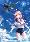  1girl absurdres ahoge aircraft airplane bangs blue_sailor_collar blue_sky blue_swimsuit blurry blurry_background breasts cloud cloudy_sky eyeshadow fingernails gluteal_fold groin hair_ornament highres i-58_(kantai_collection) kantai_collection lens_flare lipgloss long_fingernails m6a_seiran makeup medium_breasts nail_polish necktie new_school_swimsuit one-piece_swimsuit open_mouth pink_eyes pink_hair pink_nails red_neckwear round_teeth sailor_collar school_swimsuit seiya_(iiseven) shirt short_hair short_hair_with_long_locks short_sleeves sidelocks signature sky sun swimsuit swimsuit_under_clothes teeth thighs wading water white_shirt 