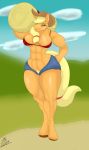  abs angrypotato96 anthro applejack_(mlp) bikini breasts clothing equid equine female friendship_is_magic mammal muscular muscular_female my_little_pony outside pubes solo standing swimsuit thick_thighs tight_clothing 