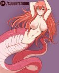  1girl abs areolae arms_behind_head arms_up bare_arms blush breasts breasts_apart eyebrows_visible_through_hair hair_between_eyes hair_ornament hairclip lamia large_breasts long_hair looking_at_viewer lunarii miia_(monster_musume) monster_girl monster_musume_no_iru_nichijou navel nipples nude patreon_username purple_background pussy red_hair scales simple_background smile solo tail very_long_hair yellow_eyes 