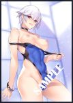  ban bare_shoulders blue_eyes bracelet breasts censored choker contrapposto covered_navel erection futanari gluteal_fold jewelry looking_at_viewer medium_breasts nipples one-piece_swimsuit penis sampe silver_hair slo smile swimsuit testicles topless undressing 